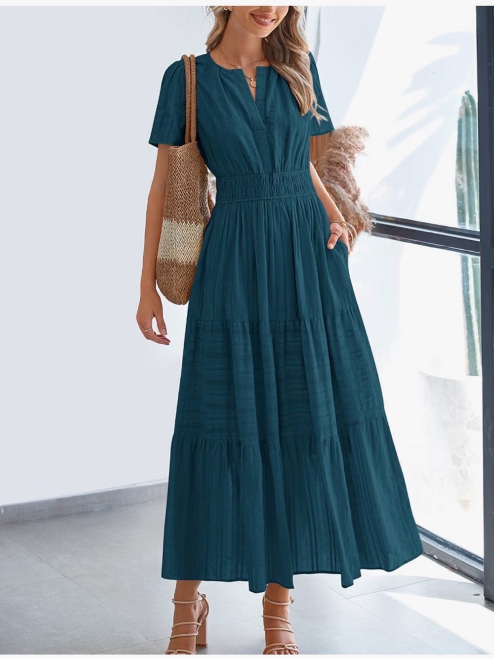 Teal Blue Maxi Tiered Short-Sleeve Dress